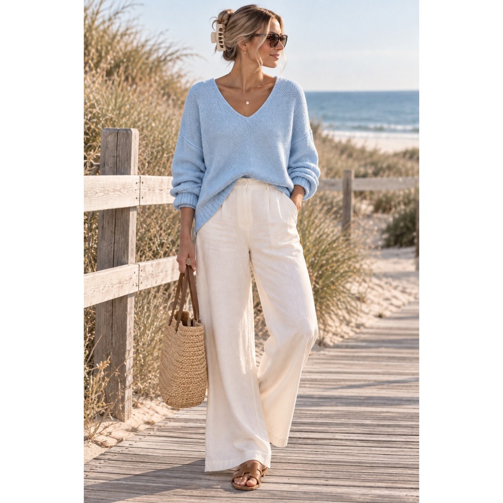 Lucky Brand Blue Cotton Knit V Neck Oversized Sweater Pullover L Large